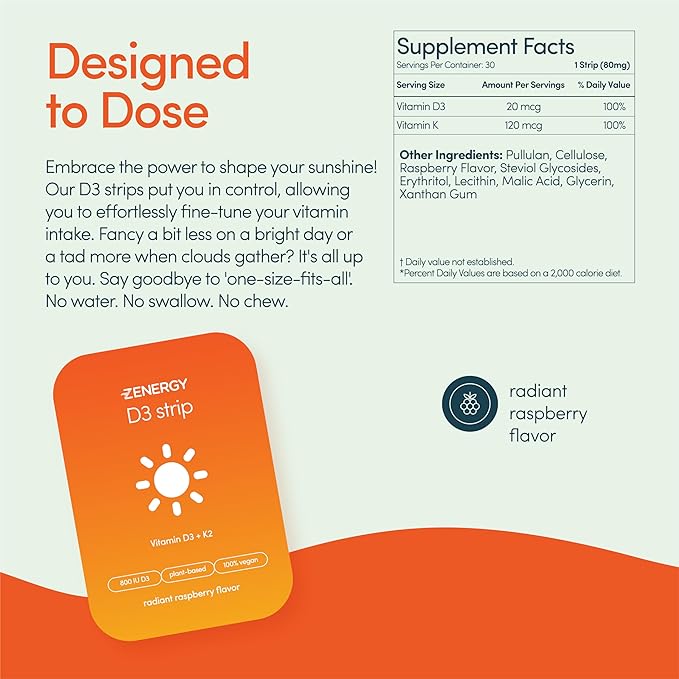 ZENERGY D3 Oral Strips - Raspberry Flavor | 800 IU Vitamin D3 + 120mcg Vitamin K | 100% Vegan, 0 Sugar, 0 Calories, 0 Gluten, 0 Aspartame, Non-GMO, Plant-Based, Instant Action | 1 Tin = 30 Strips