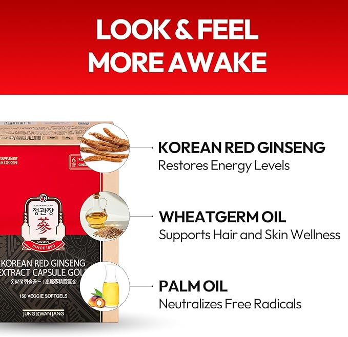 Renewed Korean Red Ginseng Extract Capsule Gold - Vegan Energy Supplements - Energy Boost & Immune Support, Caffeine Free & Non-GMO (600mg, 150 Capsules)