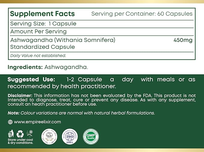 Ashwagandha Capsules for Help in Energy Support, Immune Support, Non-GMO-for Men/Women | 450mg | 60 Capsules