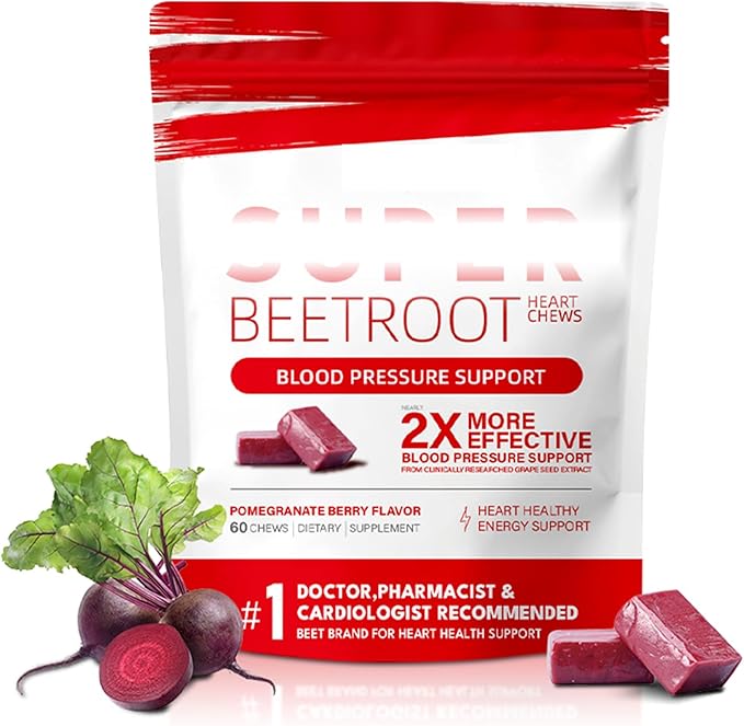 Beet Chews,Super-Beetsroot Heart, Nitric Oxide Support Soft Beets Heart Chews,Grape Seed Extract &Beet Root Powder Energy Supplement,60 (Pomegranate Berry Flavor)