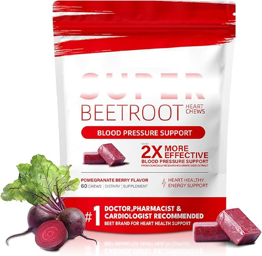 Beet Chews,Super-Beetsroot Heart, Nitric Oxide Support Soft Beets Heart Chews,Grape Seed Extract &Beet Root Powder Energy Supplement,60 (Pomegranate Berry Flavor)