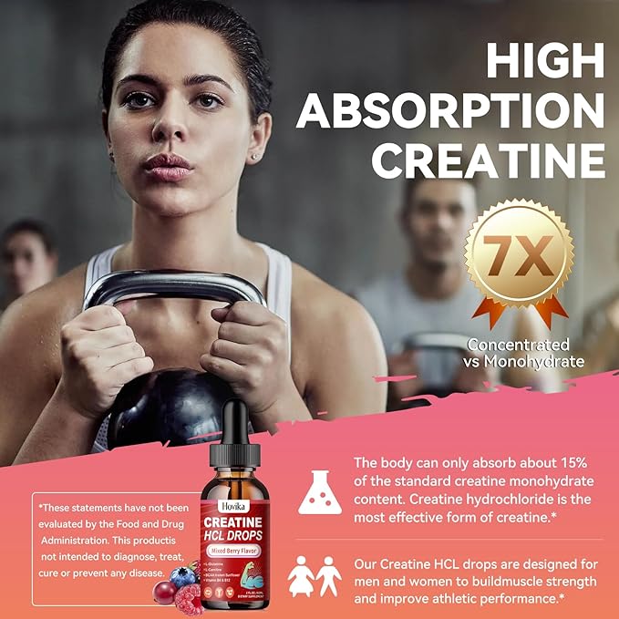 Creatine HCL Liquid Drops for Men & Women, Creatine Hydrochloride with L-Carnitine, L-Glutamine, BCAA, Vitamin B12 & B6 for Muscle Growth & Recovery-Vegan, Mixed Berry Flavor Flavor, 2 Fl Oz