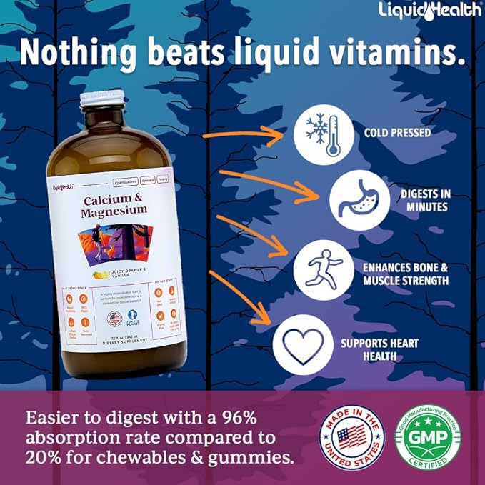LIQUIDHEALTH Calcium & Magnesium Adult Liquid Vitamin Supplement - Bone, Joint, Muscle, Connective Tissue Support, Heart Health, Essential Nutrients - Made in USA, Vegan, Non GMO, No Sugar (3 Pack)