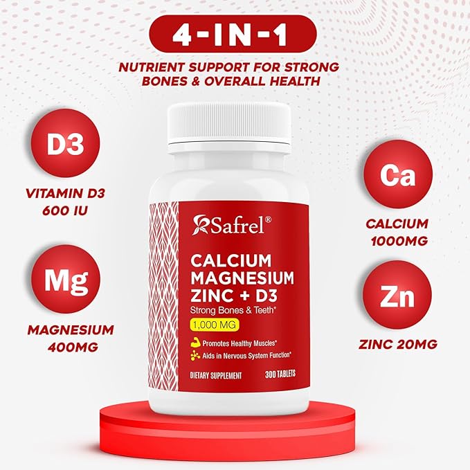 Safrel Calcium Magnesium Zinc with Vitamin D3, 300 Tablets - Calcium 1000 mg, Magnesium 400 mg, Zinc 20 mg & D3 600 IU per Serving