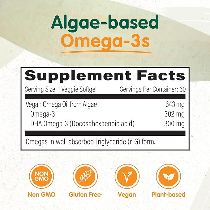 OmegaVia Vegan Omega 3 Supplement, Algae Omega 3 Fish Oil Alternative, 300mg Vegan DHA Fatty Acids, Plant Based, Planet and Ocean Friendly, IAOS 5 Star Tested, 60 Softgels