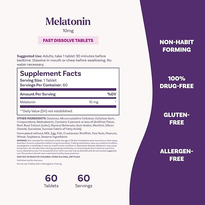 Natrol Fast Dissolve Melatonin 10 mg, Melatonin Supplements for Restful Sleep, Sleep Support for Adults, 60 Strawberry-Flavored Tablets, Up to a 60 Day Supply