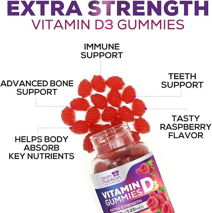 Vitamin D3 Gummies Extra Strength 5000 IU (125 mcg) - Immune Support, Bone, Teeth and Muscle Vitamin D Gummy Dietary Supplement, Nature's Berry Vitamin D Supplement, Raspberry, Non-GMO - 60 Gummies