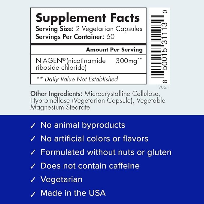 TRU NIAGEN - Patented Nicotinamide Riboside NAD+ Supplement. NR Supports Cellular Energy Metabolism & Repair, Vitality, Healthy Aging of Heart, Brain & Muscle - 60 Servings / 120 Capsules