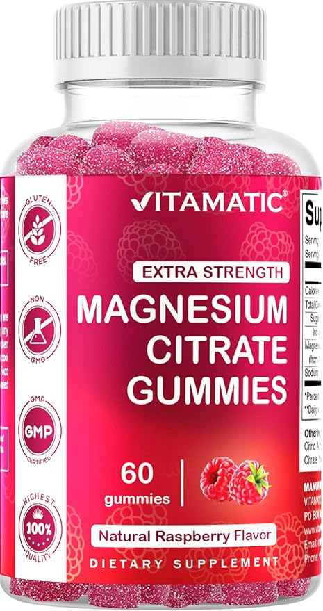 Vitamatic Extra Strength Magnesium Gummies – 255 mg Elemental Magnesium per Serving – 60 Gummies (2-Pack) Supports Relaxation, Muscle Function, Bone Health & Energy – Vegan, Non-GMO, Gluten-Free