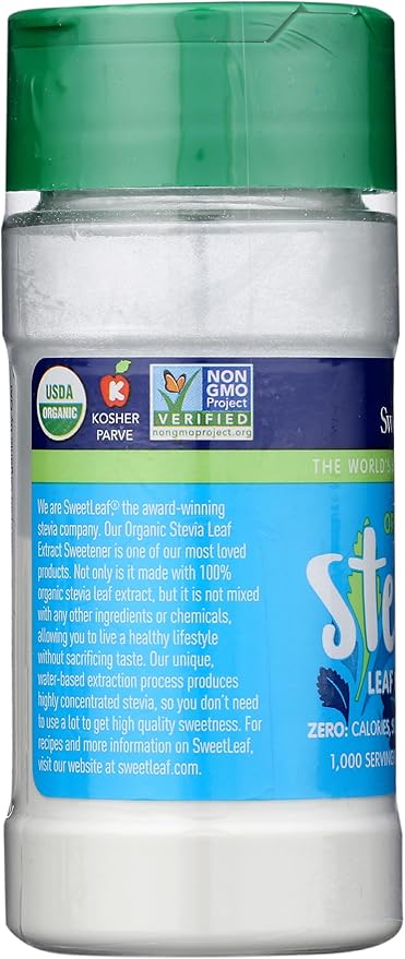 SweetLeaf Organic Pure Stevia Powder Shaker Jar - Zero Calorie Sweetener with Pure Stevia Leaf Extract, 1000 Servings per Container, No Additives, Sugar Free, Keto Friendly - 0.9 Oz (Pack of 1)
