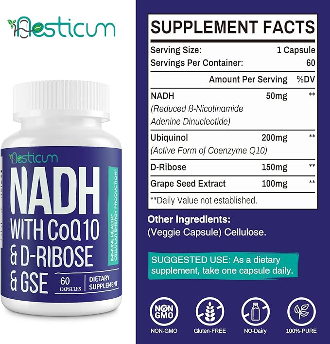 NADH 50mg + CoQ10 200mg + D-Ribose 150mg Supplement, Boosting NAD+ Supplements for Immune System, Cellular Energy, Focus, Reduced Nicotinamide Adenine Dinucleotide, 60 Veggie Capsules