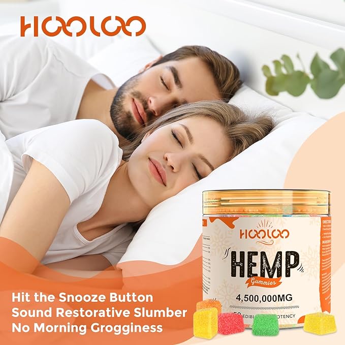 HOOLOO Hemp Gummies for Deep Bedtimes, Unwind, Focus - 6 Fruity Flavors Big Cubes Gummy Infused Vitamins Omega 3 - Extra Stength 4,500,000mg for Adults - Made in USA