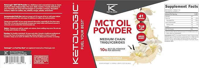 Ketologic MCT Oil Powder (1 LB) (French Vanilla) - 41 Servings, Medium Chain Triglycerides Powder Supplement