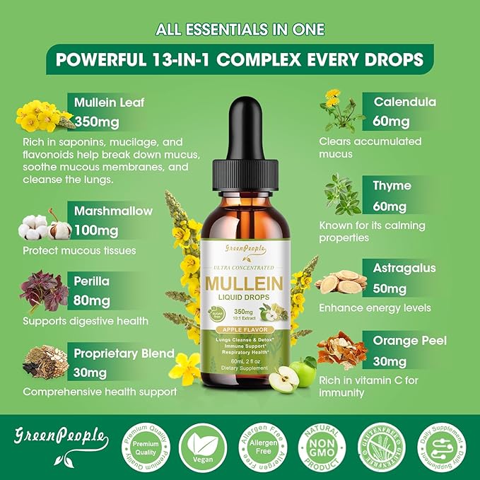 Mullein Leaf Extract Drops - 13-in-1 Botanical Extract Blend with Marshmallow Root for Wellness Support - Mullein Leaf Extract Supplement - Alcohol-Free Tincture, 2 fl oz, Apple