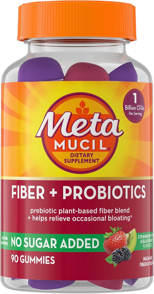 Metamucil Fiber Supplement Gummies with Probiotics for Bloating Relief, No Sugar Added Strawberry Kiwi BlackBerry Flavors, 5g Prebiotic Plant Based Fiber Blend, 90 Count