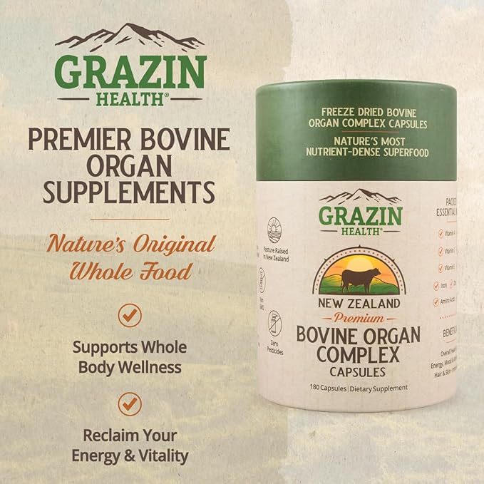 Grass Fed Bovine Organ Complex: Liver, Spleen, Kidney, Heart, Pancreas (600 Mg per Organ per Capsule), 3000 Mg per Serving (30 Servings)