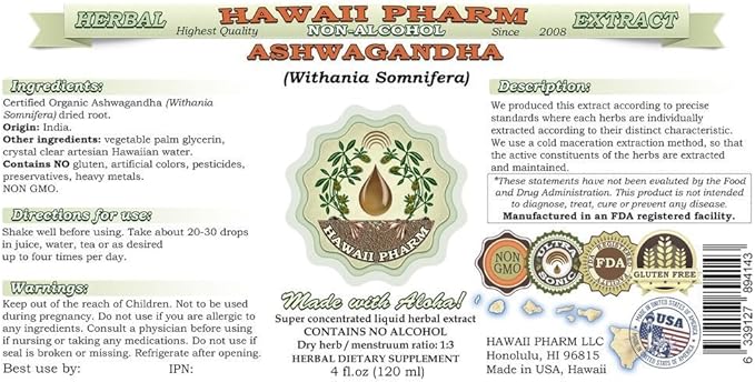 Ashwagandha Alcohol-Free Liquid Extract, Organic Ashwagandha (Withania Somnifera) Dried Root Glycerite Hawaii Pharm Natural Herbal Supplement 15x4 oz