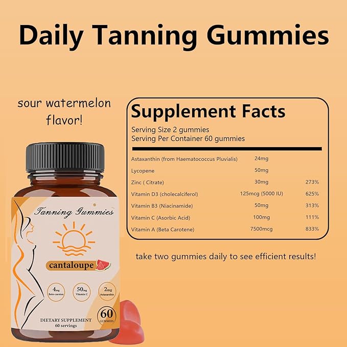 Tanning Gummies, Daily Tanning Gummies with Beta-Carotene & Lycopene & Astaxanthin, Natural Tanning Supplement, 60 Gummies