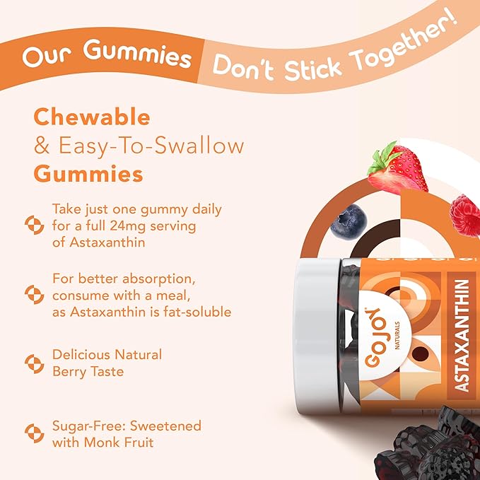 Chewable Astaxanthin Gummies - Natural Astaxanthin 24mg Antioxidant Supplement - Vegan, Non-GMO, Sugar-Free, Gluten-Free, Soy-Fee, 3rd Party Lab Tested - 2 Month Supply (60 Gummies)