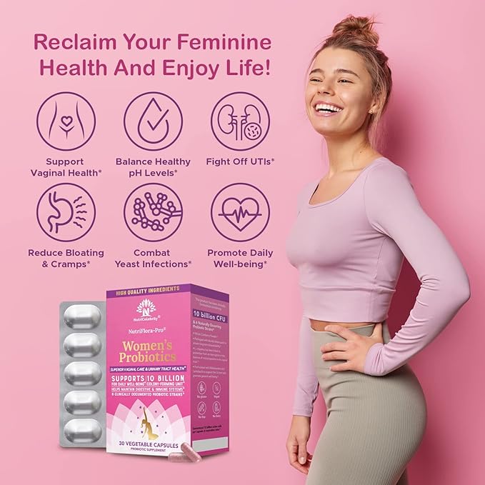 NutriCelebrity NutriFlora-Pro Probiotics for Women - Support Vaginal, Urinary Health (UTI), Digestive System, Period Pain, Yeast, and BV Relief, Cranberry Pills, 10 Billion CFU 6 Strains (30 Caps)