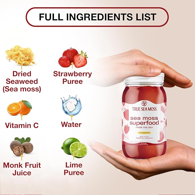 Sea Moss Gel – Made in USA – Wildcrafted Seamoss, Fresh Fruits & Sea Vegetables – Strawberry, Pack of 1 (Labels may Vary)