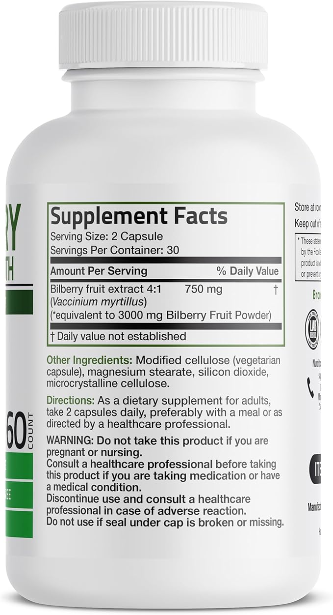 Bronson Bilberry Extra Strength Vaccinium Myrtillus, Promotes Eye Health and Supports Healthy Vision - Non GMO, 60 Vegetarian Capsules