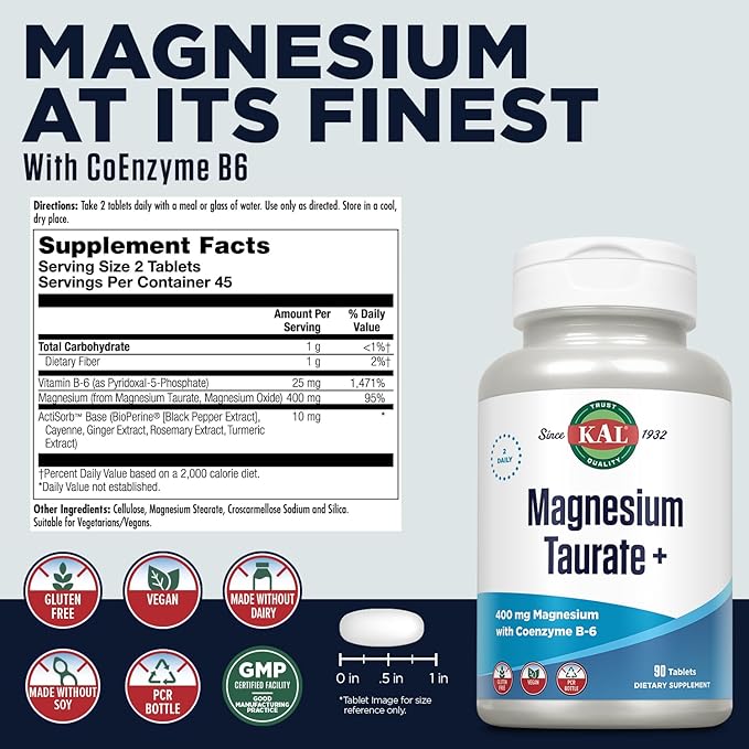 KAL Magnesium Taurate 400mg Plus CoEnzyme Vitamin B6, Chelated Magnesium Supplement, Healthy Muscle Function, Nerve and Heart Health Support, Gluten Free, Vegan, 60-Day Guarantee, 45 Serv, 90 Tablets