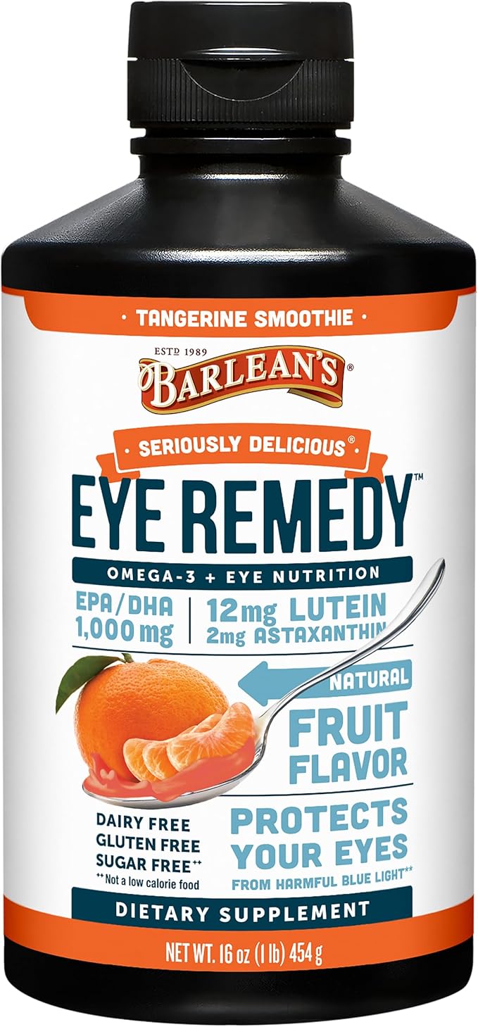 Barlean's Eye Remedy Supplement, Tangerine Flavored Fish Oil Liquid with Lutein, Astaxanthin and Zeaxanthin,1,000mg Omega 3 EPA DHA, Eye Care Supplements, 16 oz