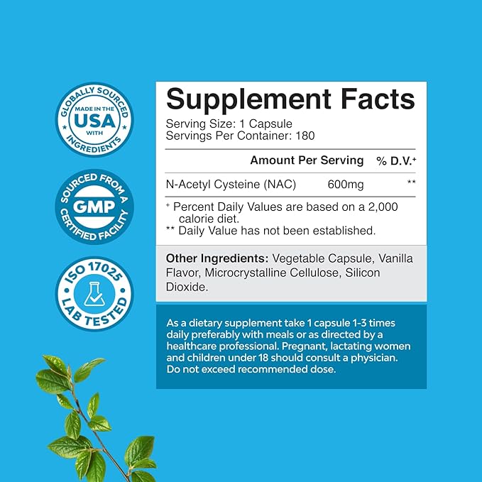 NAC Supplement N-Acetyl Cysteine 600mg - Potent Vegan High Absorption NAC 600mg Capsules Glutathione Precursor for Liver Cleanse Detox & Repair plus Lung Health and Immunity Support (180ct)
