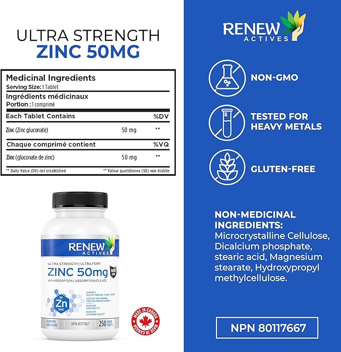 Renew Actives Zinc Supplements 50MG per Serving - Essential for Immune Health, Strong Bones & Promoting Healthy Hair, Nails & Glowing Skin for Daily Use - Made in Canada - 250 Tablets
