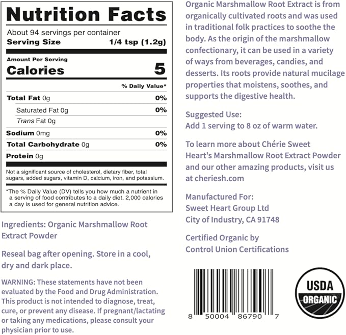Chérie Sweet Heart USDA Organic Marshmallow Root Powder, Filler Free, Traditional Used, No GMOs, Vegan Friendly, 4 Ounces