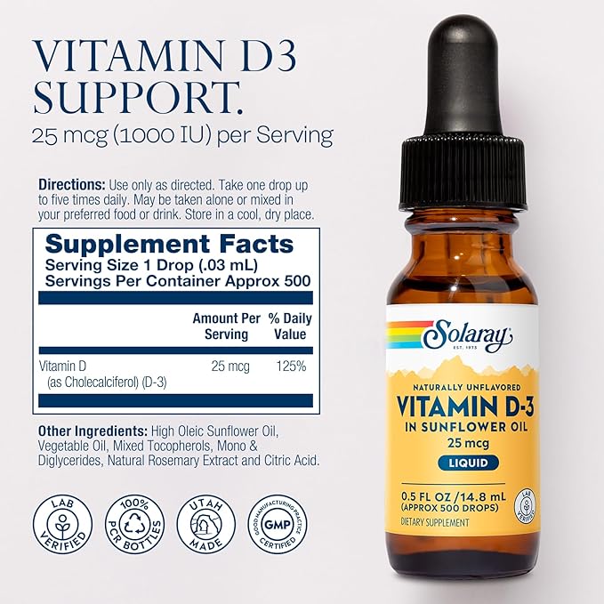 SOLARAY Vitamin D3 Liquid Drops 25 mcg (1000 IU) - Enhanced Absorption Vitamin D Drops in Sunflower Oil for VIT D3 Support - Naturally Unflavored, Dropper Included - Approx. 500 Servings, 0.5oz
