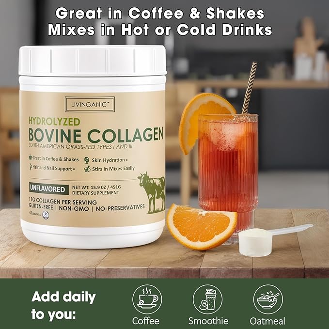 Hydrolyzed Bovine Collagen,15.9oz Types I & III, Grass-Fed, Pasture-Raised Protein, Zero Sugar Supplement for Healthy Skin, Nails, Bones & Joints Unflavored 41 Servings