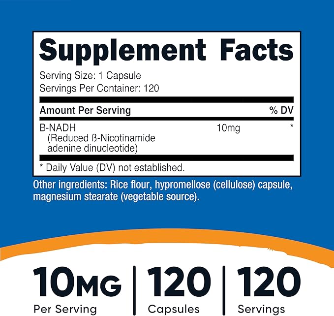 Nutricost NADH 10mg Per Serving 120 Capsules - B-Nicotinamide Adenine Dinucleotide, Vegan, Gluten-Free