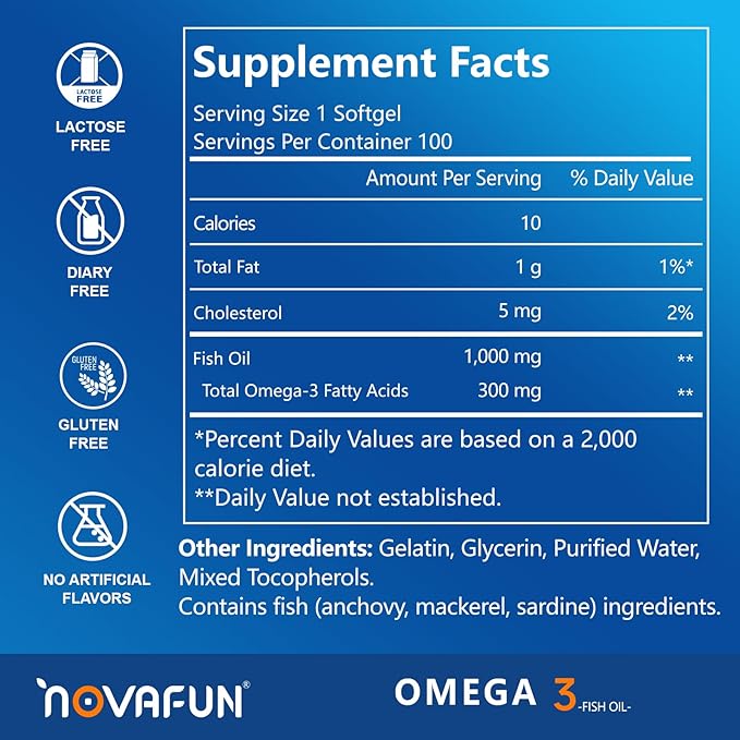 Omega 3 Fish Oil 1000mg Softgels, Omega 3 Fatty Acid Supplement with EPA and DHA, Fish Oil Omega 3 Supplements for Heart, Brain, Joints, Eye Health, 100 Count