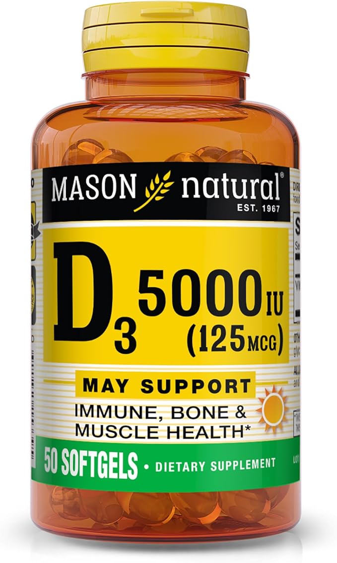 MASON NATURAL Vitamin D3 125 mcg (5000 IU) - Supports Overall Health, Strengthens Bones and Muscles, from Fish Liver Oil, 50 Softgels