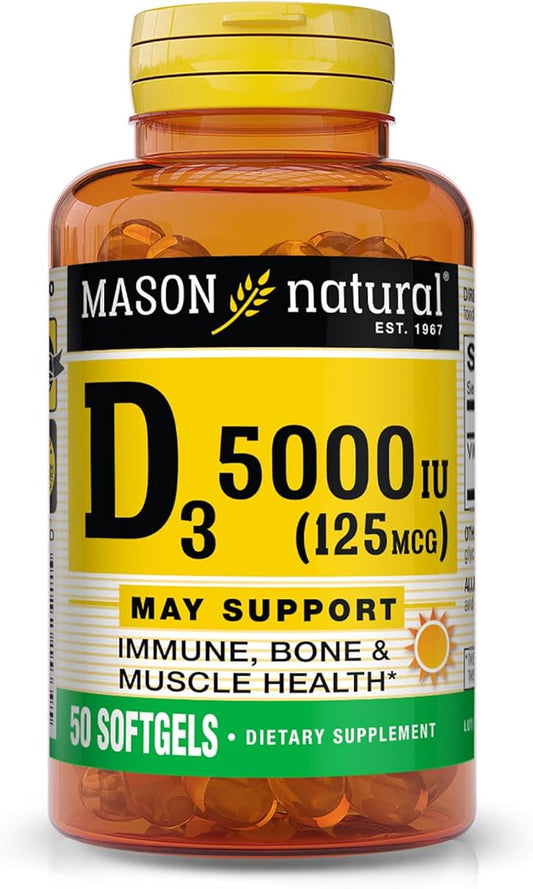 MASON NATURAL Vitamin D3 125 mcg (5000 IU) - Supports Overall Health, Strengthens Bones and Muscles, from Fish Liver Oil, 50 Softgels