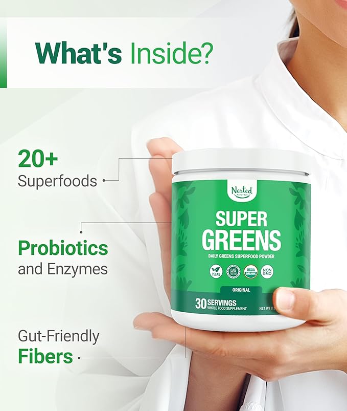 Super Greens Daily Greens Superfood Powder - Certified USDA Organic Green Powder w/20+ Whole Foods, Spirulina Powder, Wheat & Barley Grass - Probiotics, Fiber & Enzymes - Original Flavour, 30 Servings