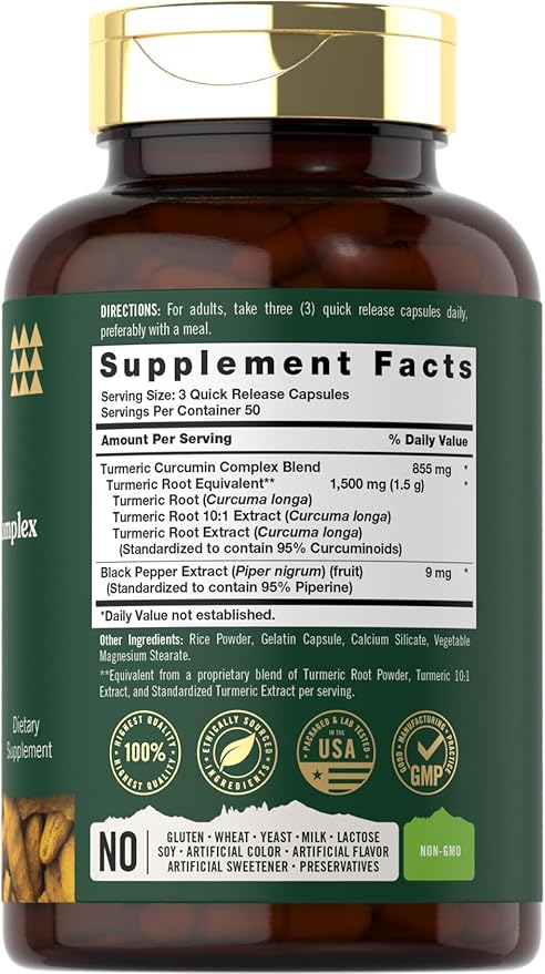 Tahoe Nutritionals Turmeric Supplement | 1500 mg | 150 Capsules | Complex with Black Pepper | Non-GMO and Gluten Free