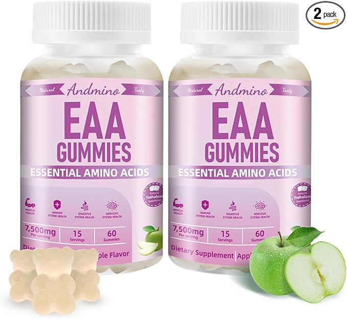 EAA Gummies 7500 mg, BCAA Gummies, Amino Acids Supplement for Muscle, Immune, Nervous & Digestive Health, for Adults & Kids, Non-GMO, Vegan, Gluten Free, Apple Flavor, 120
