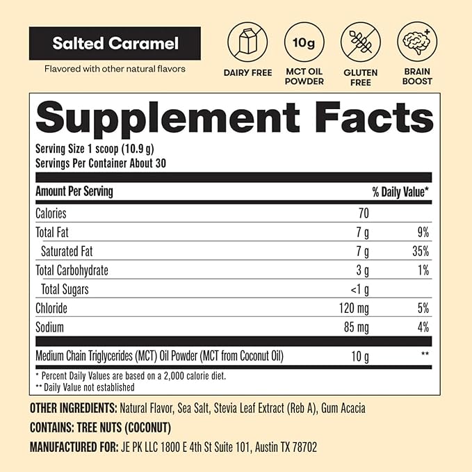 Perfect Keto 7g MCT Oil Powder, Medium Chain Triglycerides Supplement, Non Dairy Coffee Creamer for Keto Diet, Ketogenic MCT Oil Mix for Coffee, Smoothie, Protein Shakes, Salted Caramel, 30 Servings