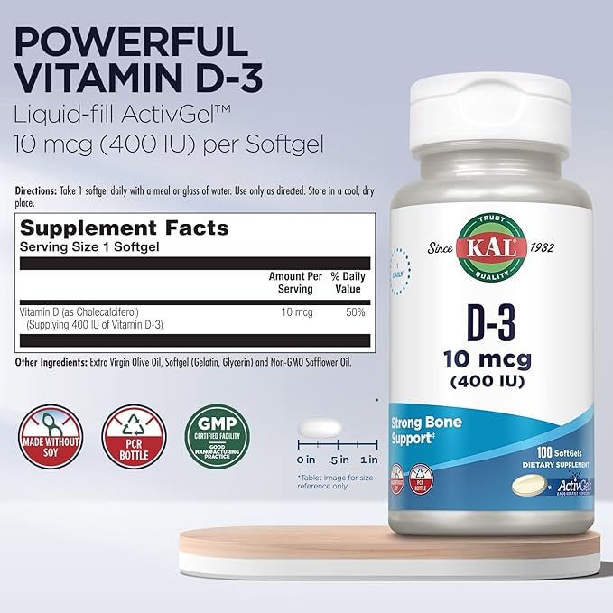 KAL Vitamin D3 400 IU Softgels (10 mcg), Active Form of Vitamin D, Calcium Absorption, Bone Health, Immune Support Supplement, Liquid Filled ActivGel, Made Without Soy, 100 Servings, 100 Softgels