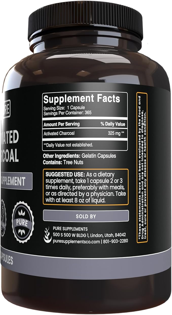 Pure Original Ingredients Activated Charcoal, No Magnesium or Rice Fillers, Always Pure, Lab Verified (365 Count)