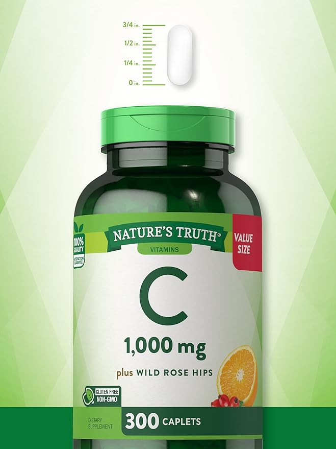 Nature's Truth Vitamin C 1000mg with Rose HIPS Caplets | 300 Count | Vegetarian, Non-GMO & Gluten Free Supplement