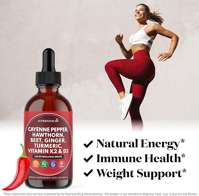 Cayenne Pepper Supplement Liquid Drops + Hawthorn Berry, Vitamin D3 K2 Beet Root Powder, Ceylon Cinnamon, Turmeric Curcumin, Organic Panax Ginseng - 2 OZ