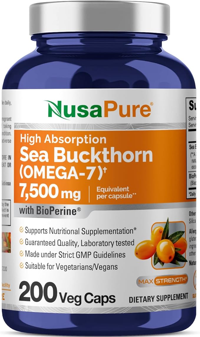 NusaPure Sea Buckthorn Omega-7 30:1 Extract, 250 mg Equivalent to 7,500mg per Veggie Powder Caps - 200 Count - Non-GMO & Vegan