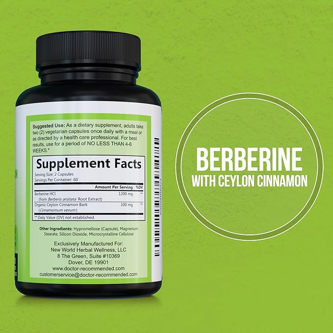 DOCTOR RECOMMENDED SUPPLEMENTS Berberine with Ceylon Cinnamon - 1200mg Berberine & 100mg Organic Ceylon Cinnamon - 120 Veggie Capsules, Healthy Immune System & Gastrointestinal Wellness