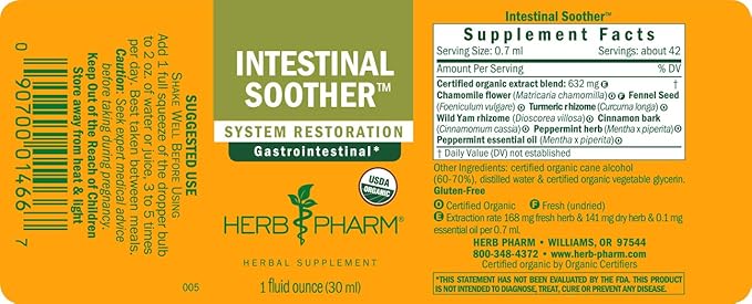 Herb Pharm Certified Organic Intestinal Soother Liquid Herbal Formula with Turmeric Extract - 1 Ounce (FIS01) (Pack of 2)