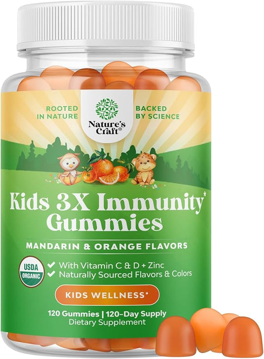 Natures Craft Organic Kids Immune Support Gummies - Vegan Organic Vitamin D Gummies for Kids with Vitamin C and Zinc for Immunity - D3 Zinc and C Gluten Free & Non GMO (120 Servings)