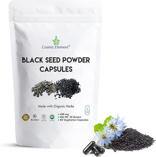 100% Pure Black Seed Powder Capsules Organic - Vegan Nigella Sativa 450mg Black Cumin Seeds per Serving- for Health - 60 Capsules